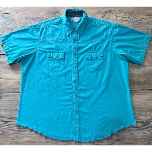 Wrangler Pearl Snap Button Up Shirt Mens 2XL Turquoise Blue Short Sleeve Western - Picture 1 of 7